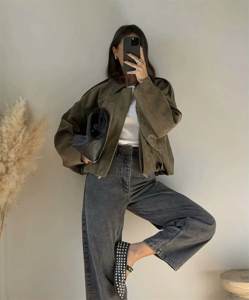 Women's Army Elegant Bomber Jackets Coats Fashion Turn-down Collar