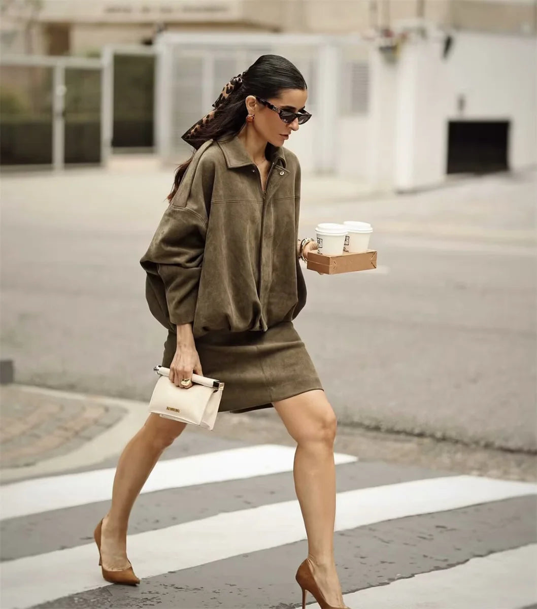 Women's Army Elegant Bomber Jackets Coats Fashion Turn-down Collar