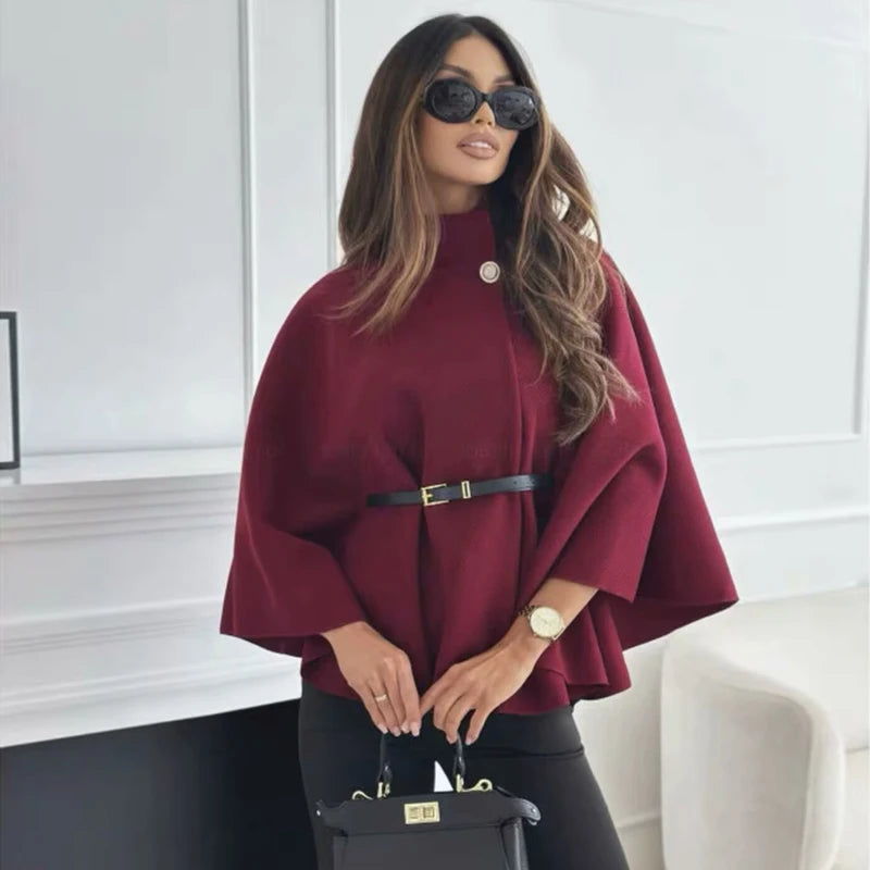 MUJER Belt Poncho Capes Women Black Cloaks Winter Coats Woman 2025 Bat