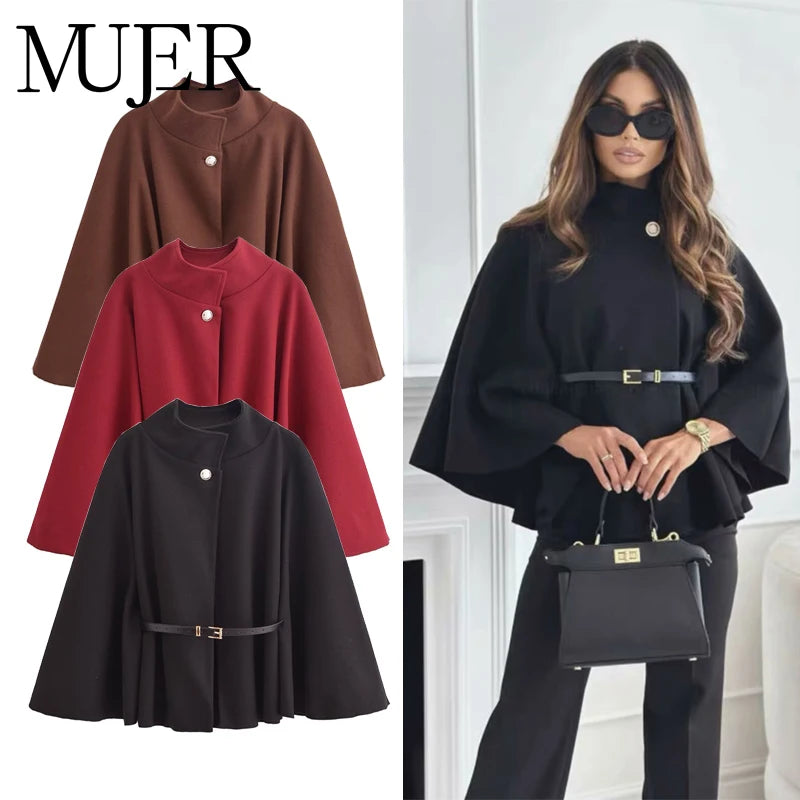 MUJER Belt Poncho Capes Women Black Cloaks Winter Coats Woman 2025 Bat