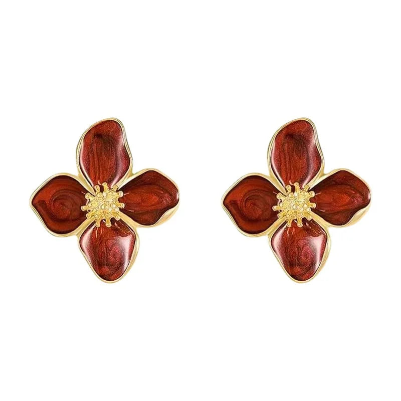 Fashion Korean Women Retro Drip Glaze Red Flower Earrings Women for