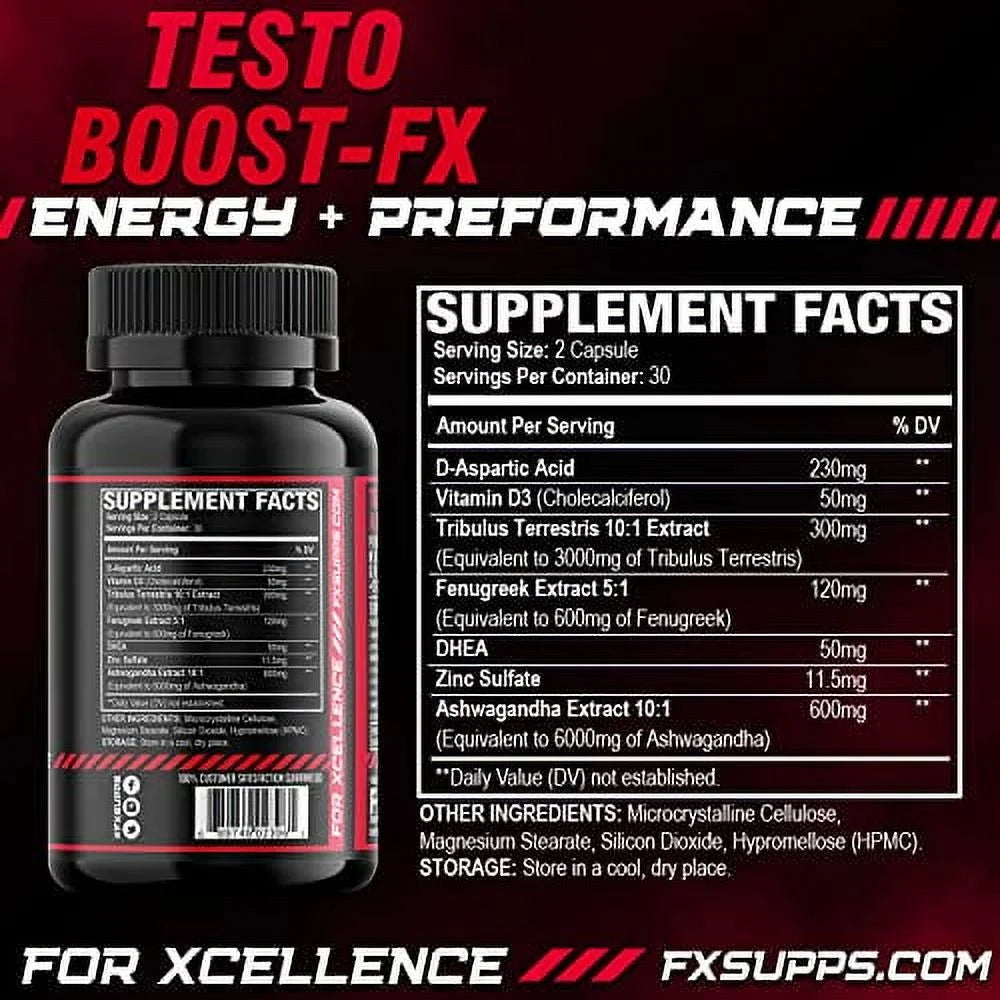 Testo Boost-Fx, Extra Strength Testosterone Booster for Muscle Growth, 60 Capsules