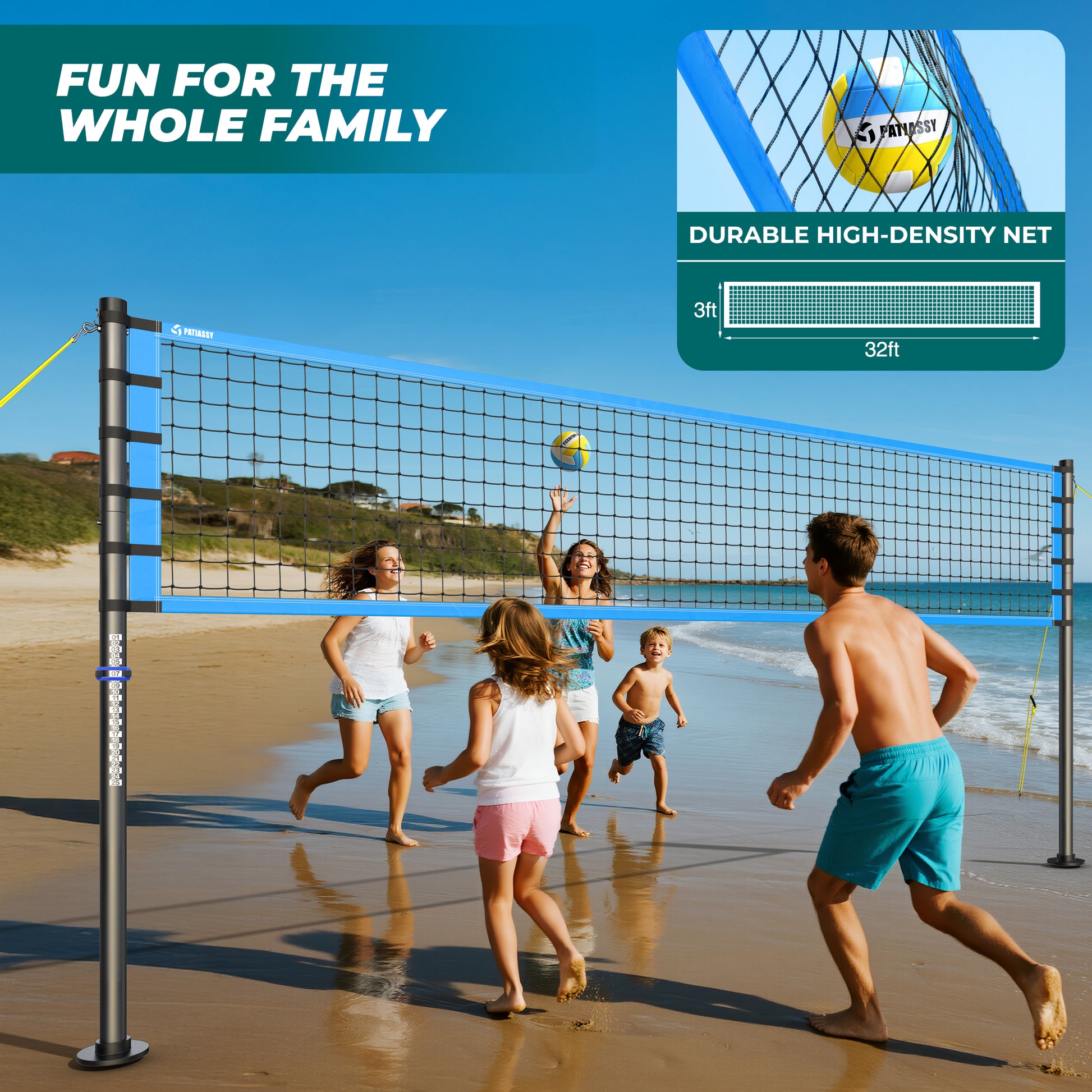 32FT Outdoor Portable Volleyball Net Set System for Backyard - Quick & Easy Setup Adjustable Height Steel Poles, PU Volleyball, Pump and Carrying Bag
