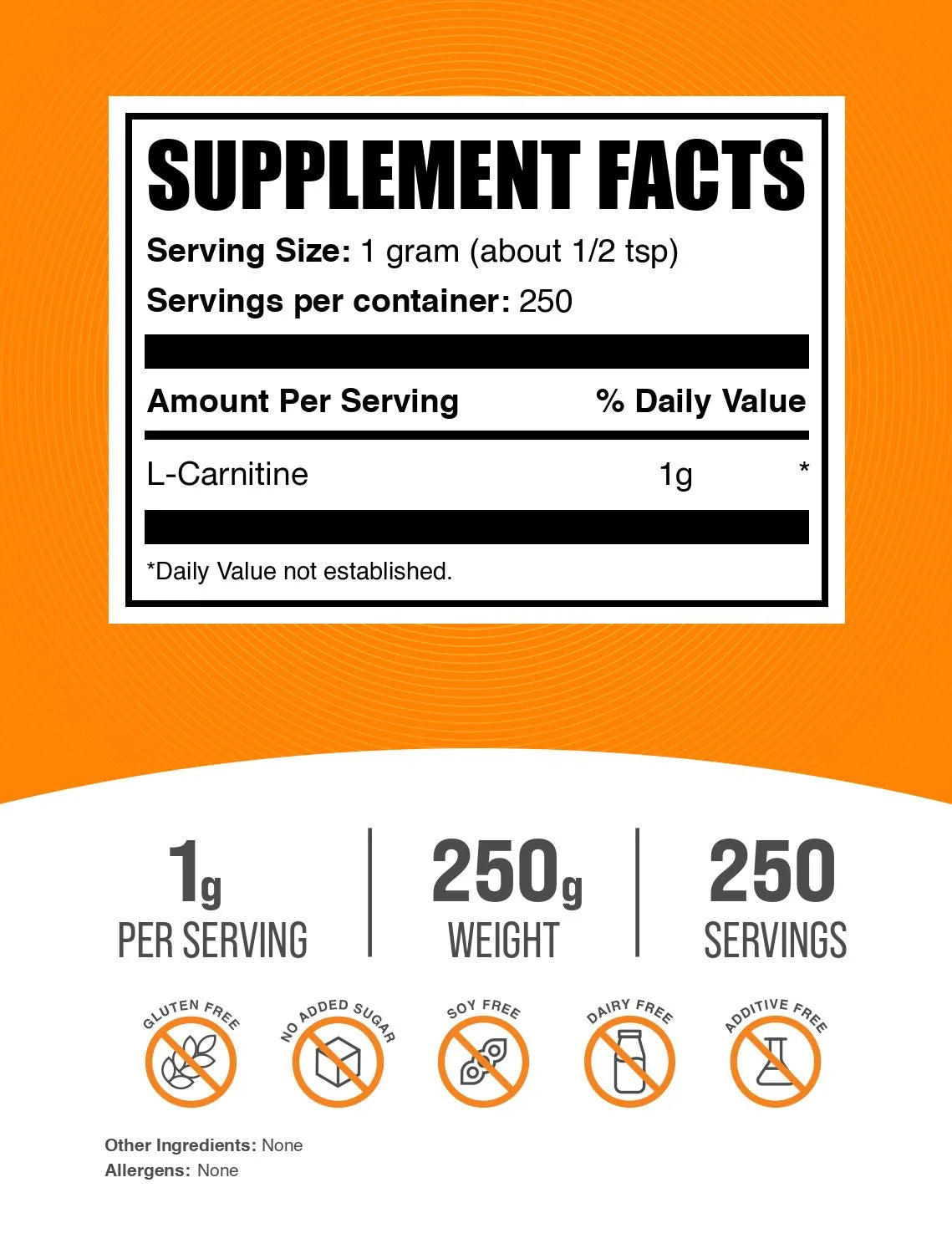 Bulksupplements L-Carnitine Powder - Carnitine Supplement, Amino Acid Supplement - Unflavored, 1G per Serving, 250G (3.5 Oz)