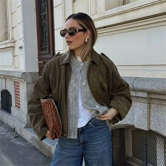 Women's Army Elegant Bomber Jackets Coats Fashion Turn-down Collar