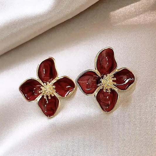 Fashion Korean Women Retro Drip Glaze Red Flower Earrings Women for