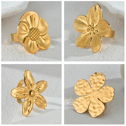 New Trendy 18K Gold-plated Flowers Ring For Women Stylish Vintage