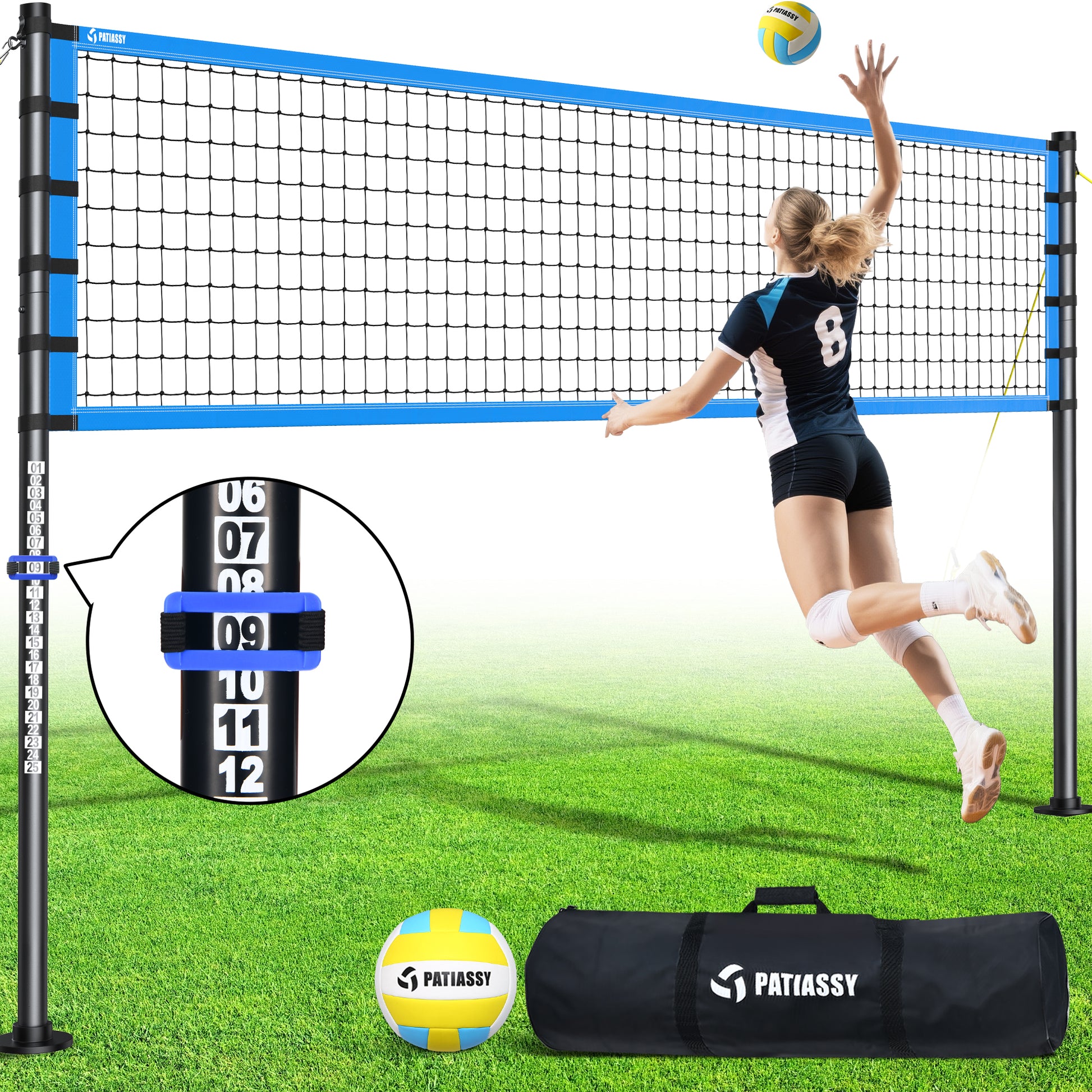 32FT Outdoor Portable Volleyball Net Set System for Backyard - Quick & Easy Setup Adjustable Height Steel Poles, PU Volleyball, Pump and Carrying Bag